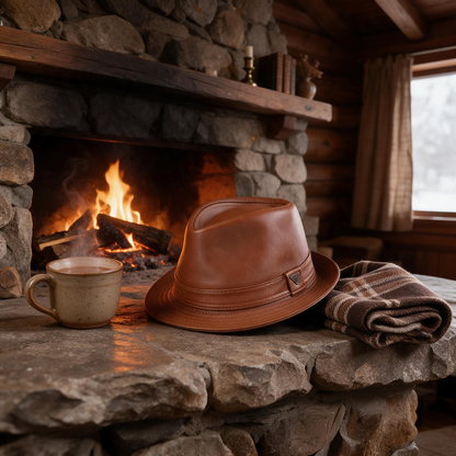 🤠 Fedora Hat | Genuine Leather | Outdoors | Men | Caramel Finish