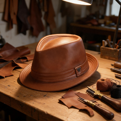 🤠 Fedora Hat | Genuine Leather | Outdoors | Men | Caramel Finish