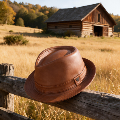 🤠 Fedora Hat | Genuine Leather | Outdoors | Men | Caramel Finish